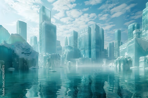 A cityscape where the buildings are giant blocks of melting ice. Climate change concept generated by AI.