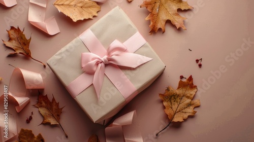 A gift box with a decorative ribbon bow, set on a flat lay solid color background with dried flowers and tropical leaves, featuring ample area for copy