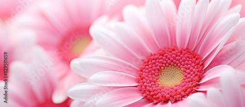 Close up macro shot of a vibrant pink and white English daisy Bellis perennis with a shallow depth of field and selective focus suitable for a copy space image