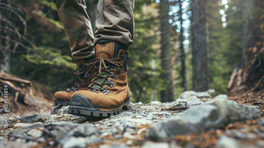Close-up of boots on a rocky trail. Towering pine trees framing a scenic mountain trail. Close-up of boots on a rocky trail. Towering pine trees framing a scenic mountain trail.