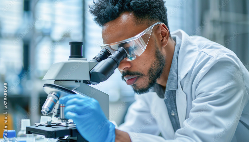 A man in a white lab coat and blue gloves working with a microscope A man in a white lab coat and blue gloves working with a microscope