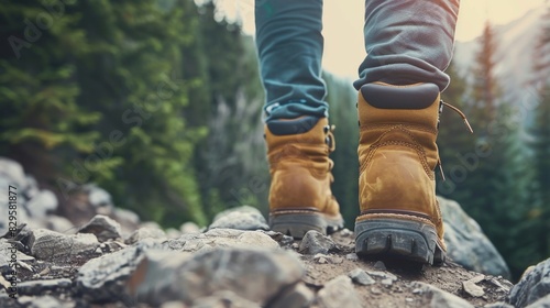  Close-up of boots on a rocky trail. Towering pine trees framing a scenic mountain trail.