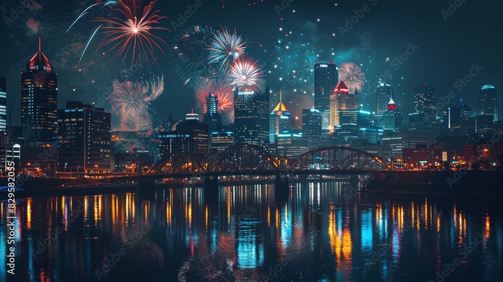 City skyline at night with fireworks, cityscape with festive celebration.