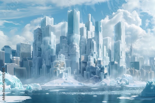 A cityscape where the buildings are giant blocks of melting ice. Climate change concept generated by AI. photo