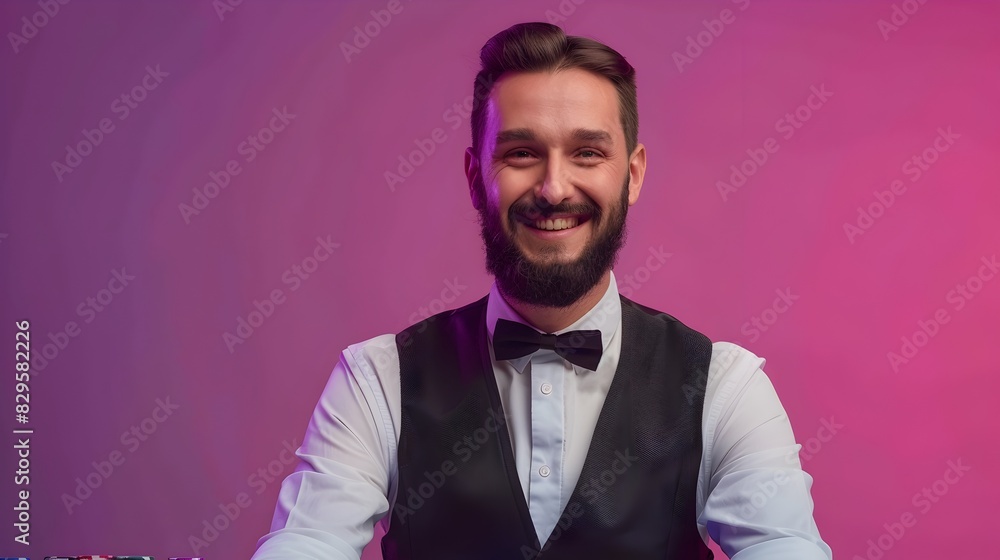 Joyful Casino Host Excelling in Job Radiating Happiness in Vibrant Workplace Joyful Casino Host Excelling in Job Radiating Happiness in Vibrant Workplace