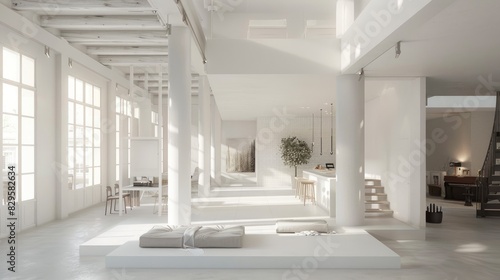 A spacious and airy loft apartment with white walls and open floor plan  showcasing modern minimalist design principles and a sense of tranquility.
