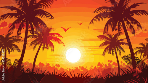Background with silhouette of palm trees and tropical