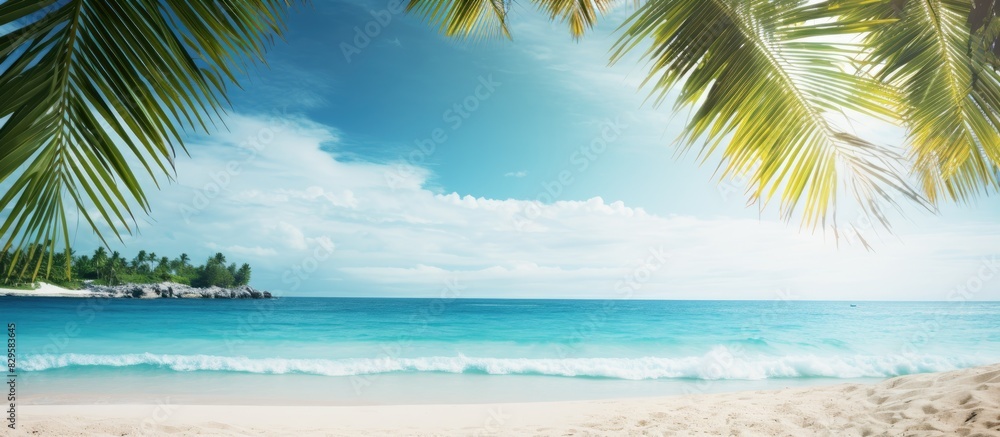 Scenic view with turquoise sea white sand beach palm trees sun creating an aesthetically pleasing copy space image in nature