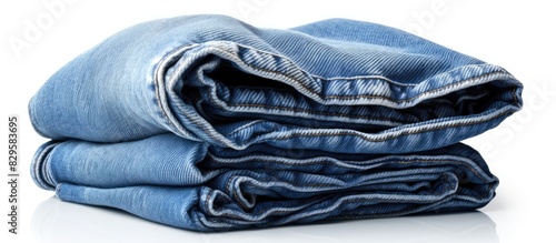 A set of three folded blue jeans arranged on a white background providing ample copy space for the image