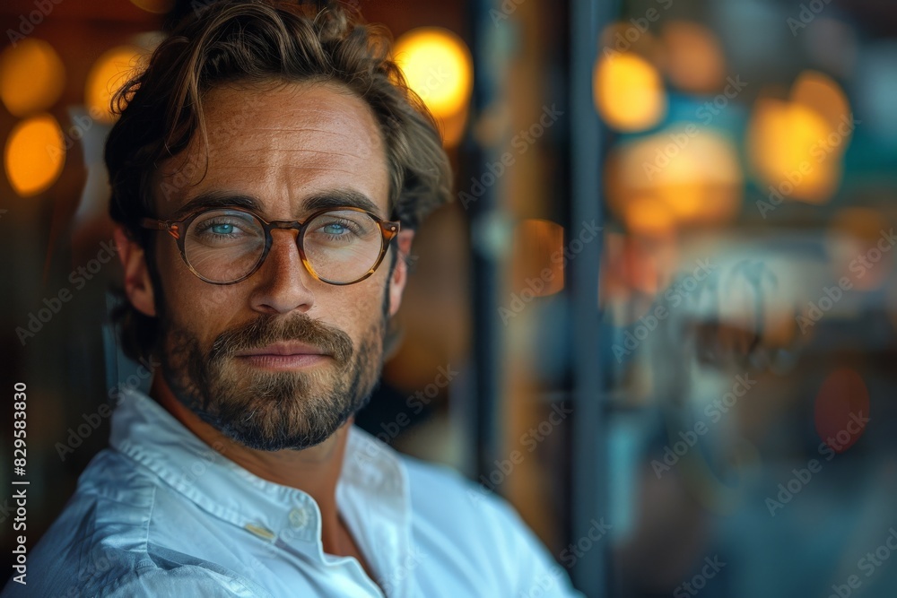 A close-up of a sophisticated man with stylish glasses, deeply focused or contemplative, in a blurry urban backdrop A close-up of a sophisticated man with stylish glasses, deeply focused or contemplative, in a blurry urban backdrop