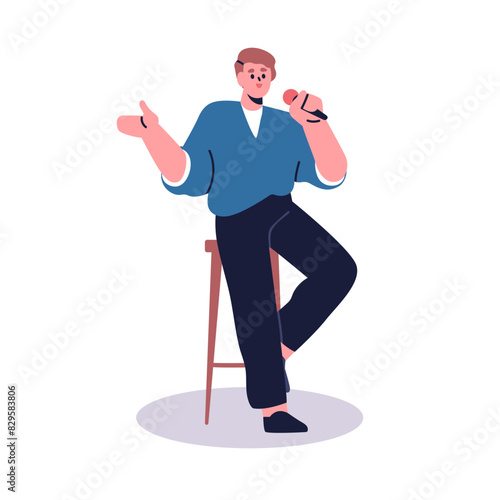 Open mic comedy, comedian with microphone. Male comic seated on stool during standup performance, speaking, telling jokes at humor stand-up show. Flat vector illustration isolated on white background