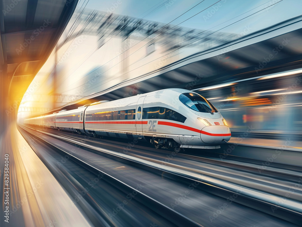 A modern high-speed train glides effortlessly along the tracks, moving quickly towards its destination. A modern high-speed train glides effortlessly along the tracks, moving quickly towards its destination.