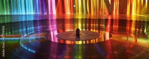 Vinyl records reflect under rainbow lights. This creates a mysterious, abstract effect.