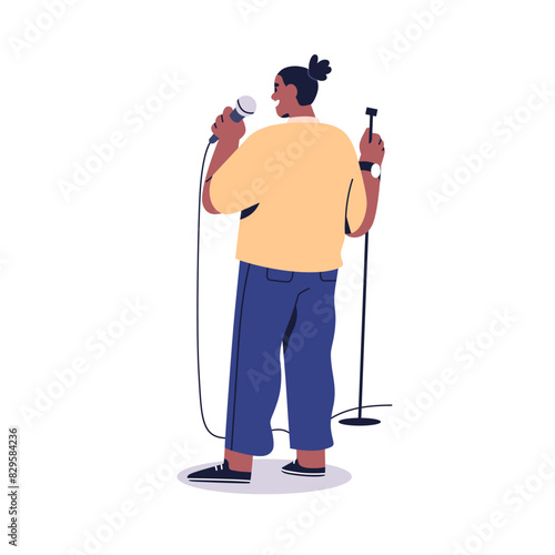 African-American comedian at open mic standup show. Comedy artist, black man, comic speaking. Comedian with microphone performing stand-up. Flat vector illustration isolated on white background