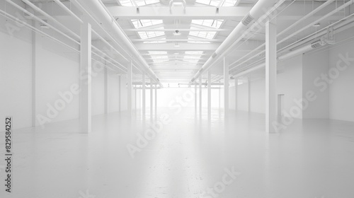 Empty white warehouse interior with clean  open space and a pristine white background  emphasizing the vast  uncluttered area