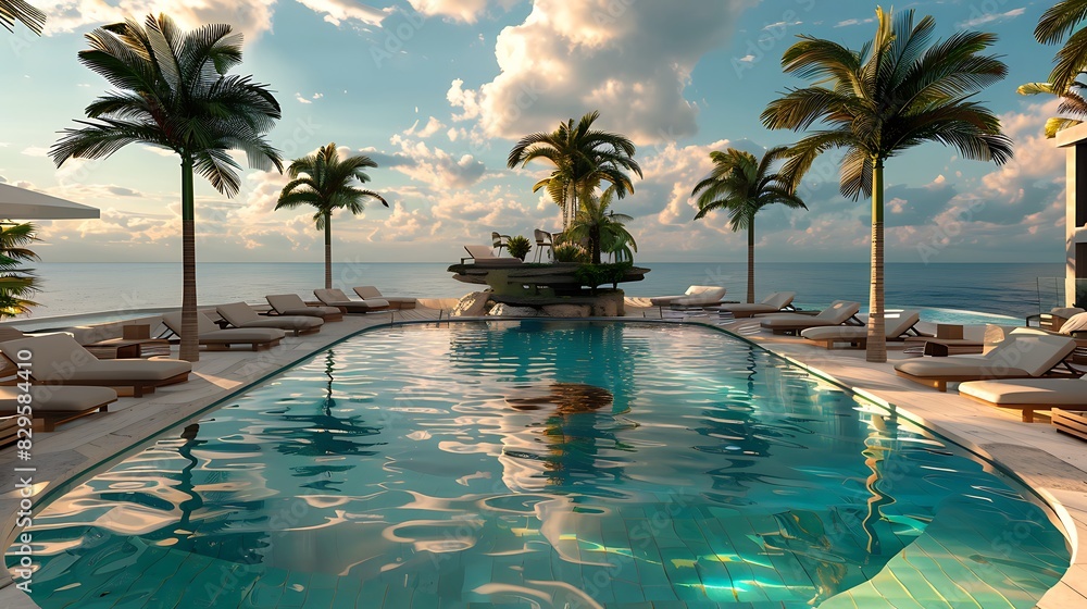 Fototapeta premium A pool with a floating island in the center, adorned with palm trees and lounge chairs