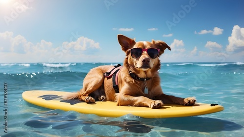 Dog in sunglasses lies on surfboard and floats on the sea. © UZAIR