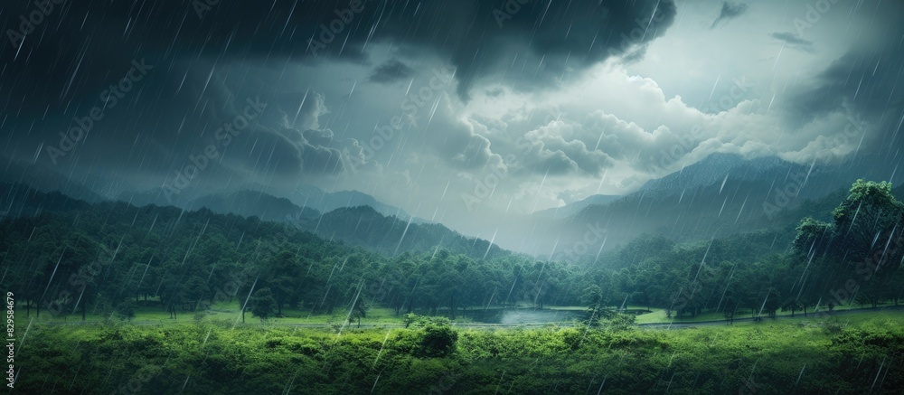 Fototapeta premium The weather is enhanced by a light drizzle creating a picturesque scene with all the captivating beauty of nature Copy space image
