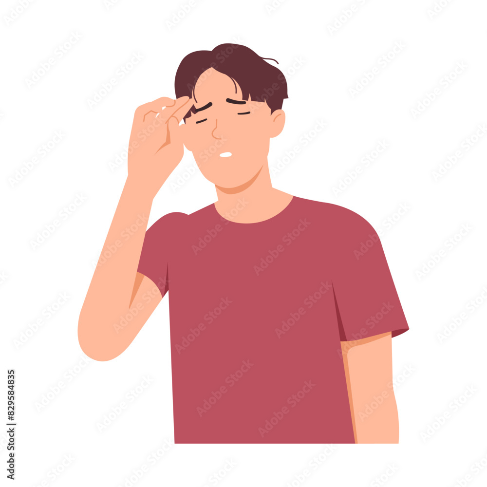 Man feel headaches, stress and fatigue from overwork, causing exhaustion and boredom, lazy mood to work, want to rest. Vector illustration isolated on white background. Man feel headaches, stress and fatigue from overwork, causing exhaustion and boredom, lazy mood to work, want to rest. Vector illustration isolated on white background.