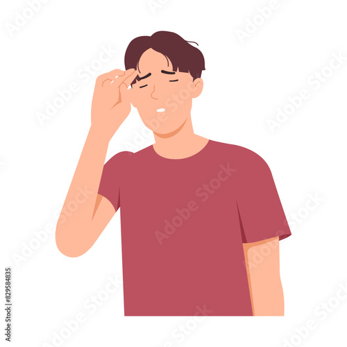 Man feel headaches, stress and fatigue from overwork, causing exhaustion and boredom, lazy mood to work, want to rest. Vector illustration isolated on white background.