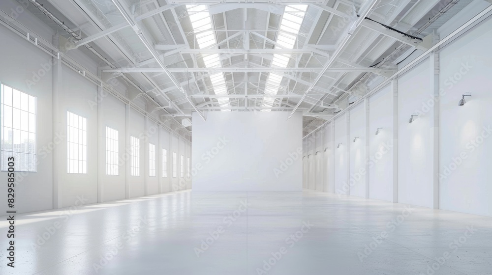 Empty white warehouse interior with clean, open space and a pristine white background, emphasizing the vast, uncluttered area Empty white warehouse interior with clean, open space and a pristine white background, emphasizing the vast, uncluttered area
