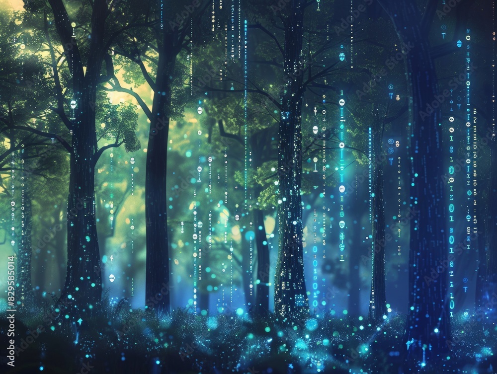 Obraz premium Digital jungle scene with glowing lights and binary code