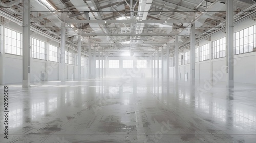 Empty white warehouse interior with clean, open space and a pristine white background, emphasizing the vast, uncluttered area © kitipol