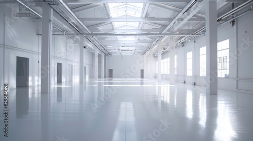 Empty white warehouse interior with clean, open space and a pristine white background, emphasizing the vast, uncluttered area