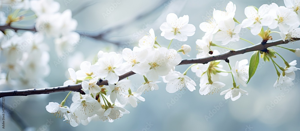 Obraz premium White flowers blooming on a tree with a background perfect for adding text or other images known as a copy space image