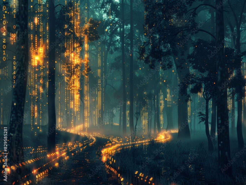 Digital jungle scene with glowing lights and binary code