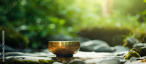Fototapeta Naklejka Na Ścianę i Meble -  A singing bowl placed by a tranquil stream with a serene backdrop creating a peaceful ambiance with a scenic copy space image