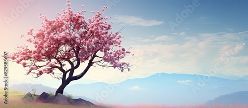 Spring background featuring a blooming tree with a scenic nature backdrop and space for text or other elements in the image. Copy space image. Place for adding text and design © Ilgun