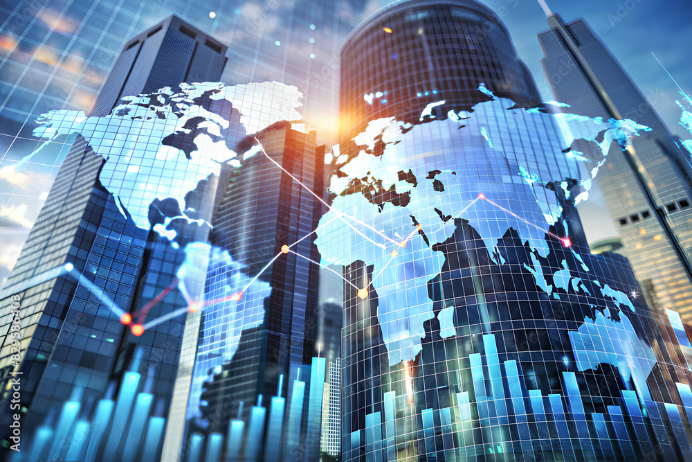Double exposure of abstract financial graph with world map on office buildings background, forex and investment concept Double exposure of abstract financial graph with world map on office buildings background, forex and investment concept