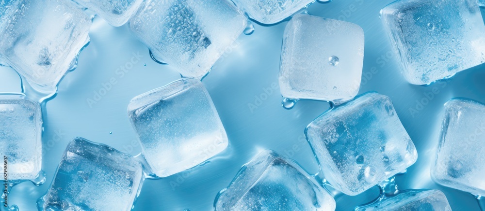Top view of ice cubes with water droplets on a blue surface with copy space image