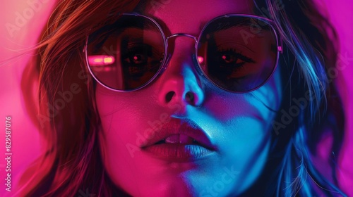 Stylish woman in sunglasses with neon lighting  vibrant colors  and intense gaze  showcasing modern fashion and urban aesthetics.
