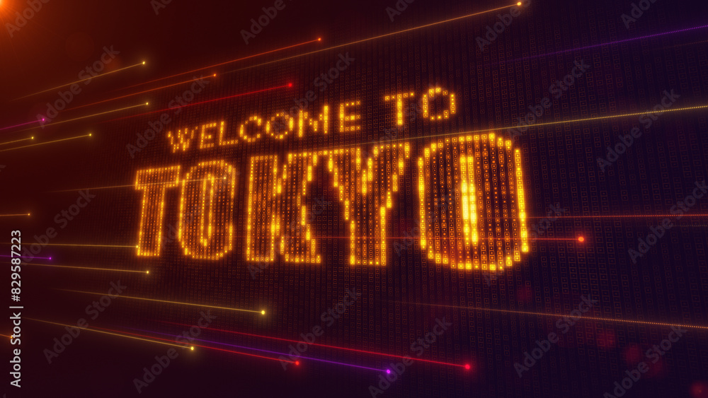 Abstract Futuristic Orange Purple Shiny Perspective Square Hud Mosaic Grid Of Welcome to Tokyo Digital Display Text With Dotted Lines Light Flare Abstract Futuristic Orange Purple Shiny Perspective Square Hud Mosaic Grid Of Welcome to Tokyo Digital Display Text With Dotted Lines Light Flare