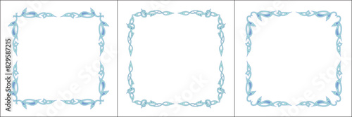Set of three blue green frames with fantasy ornament . Fantasy green corners. Fairy tail decoration, book decoration.