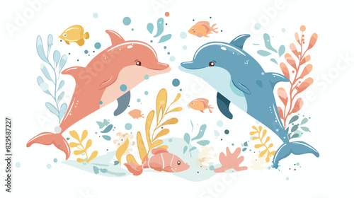 Beautiful cartoon illustration with colorful sea anim