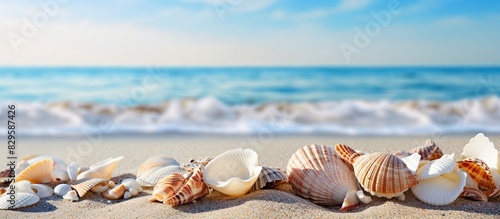 Sea shells on a beach with a copy space image of the sea in the background © Ilgun