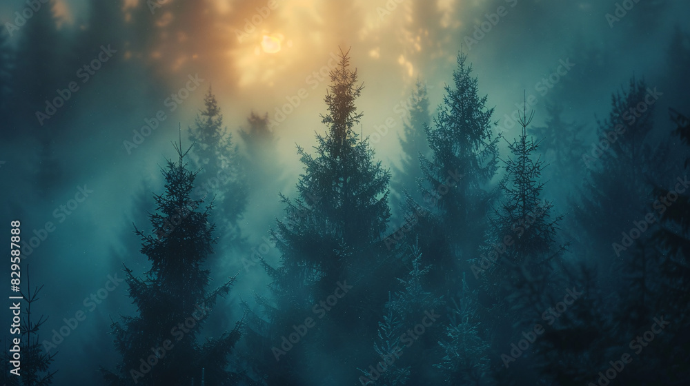A hazy forest scene at twilight, where the trees are sharply defined against a softly blurred backdrop, creating an abstract, timeless ambiance of tranquility A hazy forest scene at twilight, where the trees are sharply defined against a softly blurred backdrop, creating an abstract, timeless ambiance of tranquility
