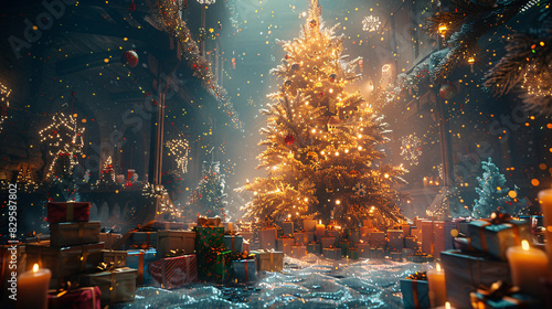 A dynamic scene depicting a festive holiday gathering with 3D-rendered gifts piled high under a glowing tree, capturing the warmth and happiness of sharing meaningful moments with friends and family. photo