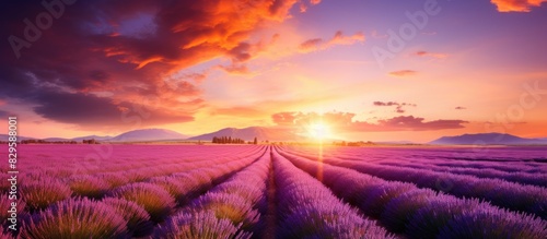 Summer sunset scenery with a stunning lavender field ideal for copy space image