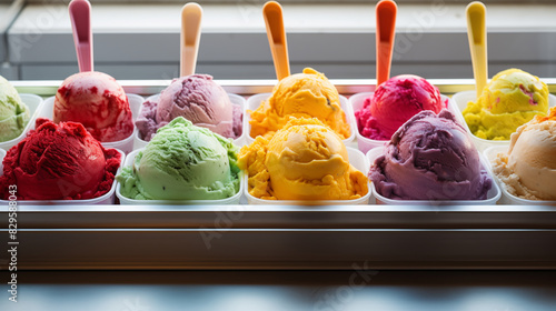 Colorful ice cream in ice cream shop. photo