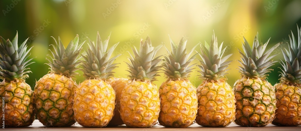 Ripe pineapples are available at the market with copy space image