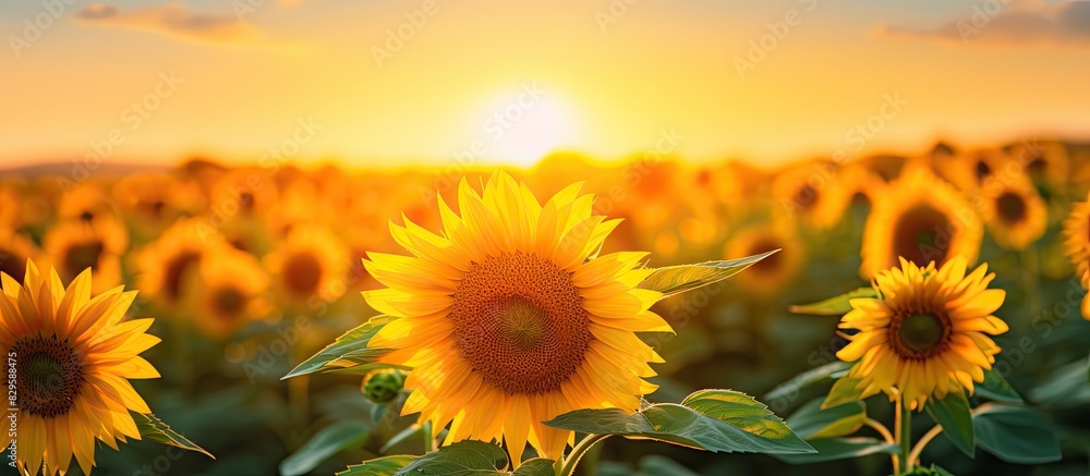 Fototapeta premium Sunflower field at sunset with a focus on a vibrant yellow flower conveying an agricultural theme with room for text in a banner like copy space image