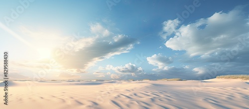 Breathtaking sun rays shining over deserted sandy beach scenery with copy space image photo