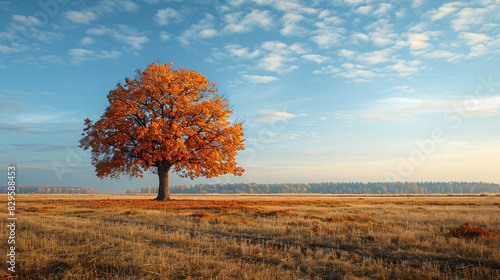 A lone tree in an open field during autumn, its leaves slowly drifting to the ground, symbolizing the abstract and timeless passage of seasons and the cycle of life