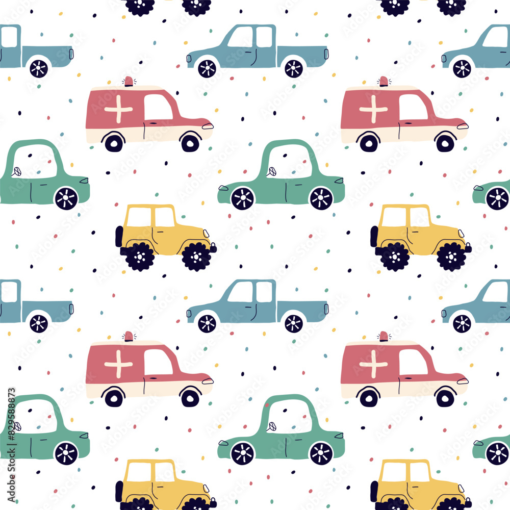 Seamless pattern with hand drawn cars, signs, dotss. Cartoon background for print, children, paper, print . trending art vector illustration