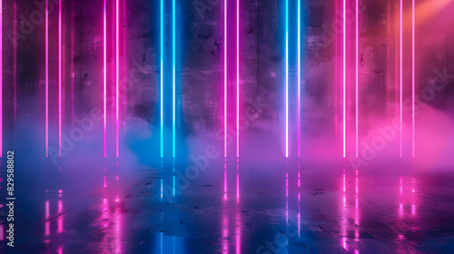 pink and blue neon lines and reflection on the floor texture background. Generative AI.