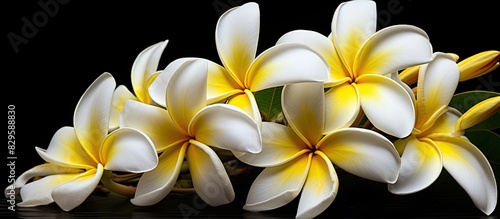 Frangipani and Plumeria tropical flowers in white and yellow hues stand out against a solid black backdrop in a copy space image